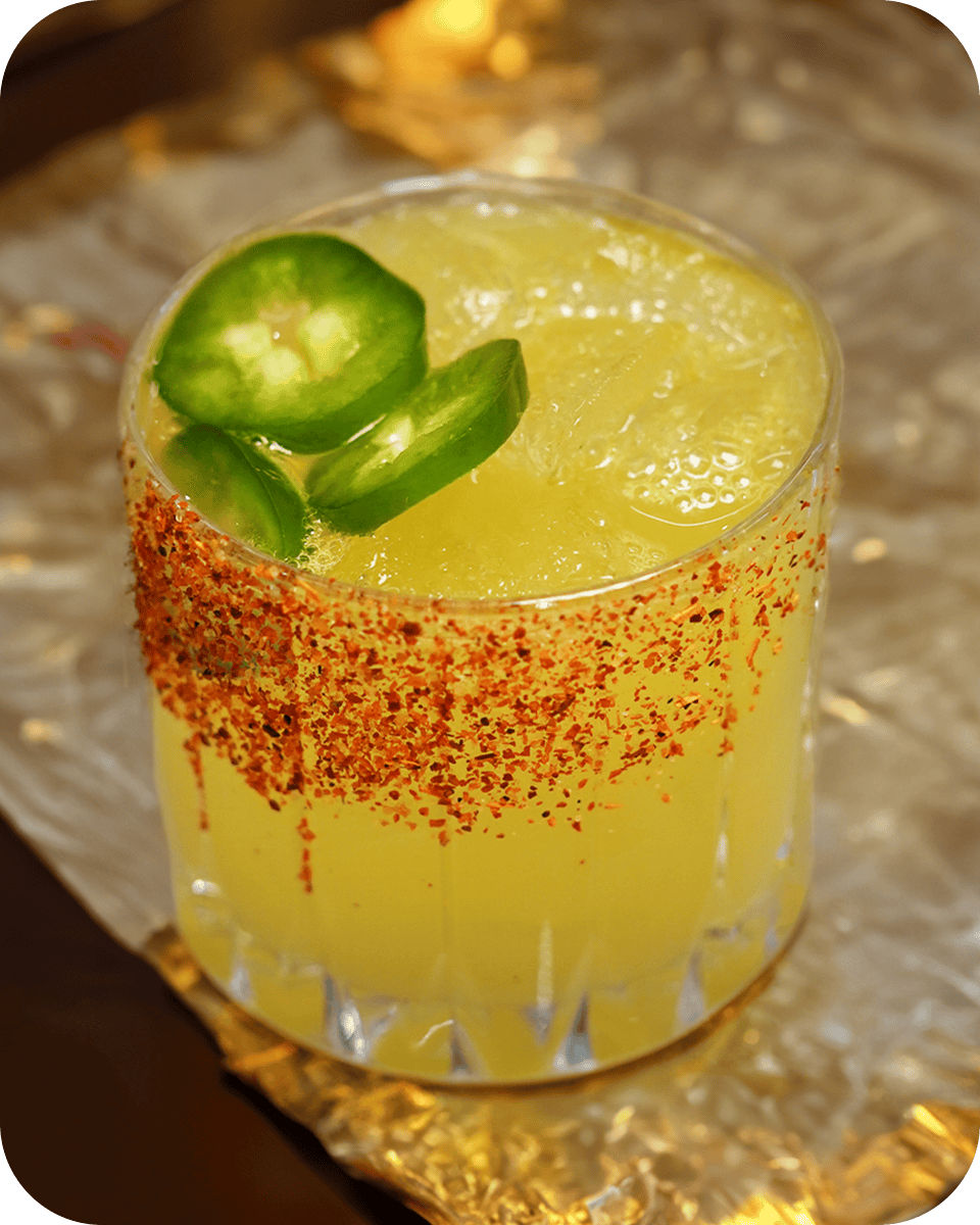 Refreshing jalapeño margarita with lime and chili salt rim.