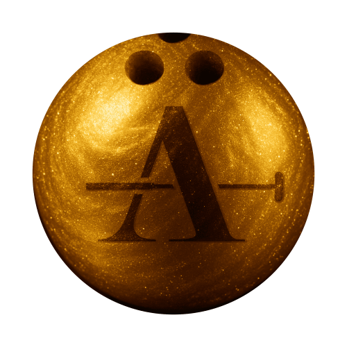 Elegant gold bowling ball with Albatross logo for luxury entertainment.